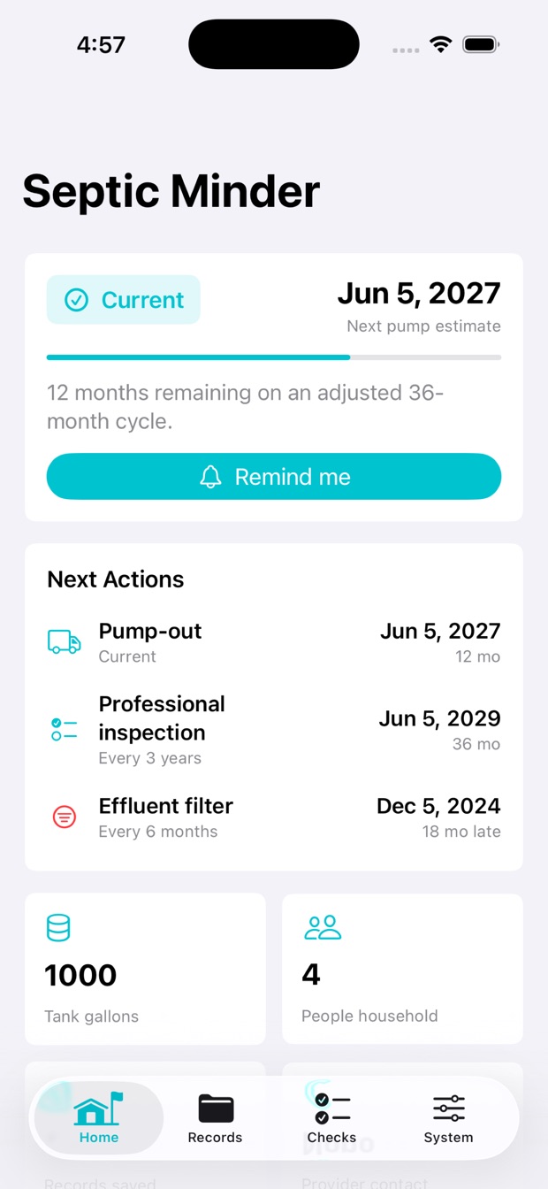 Septic Minder app screenshot
